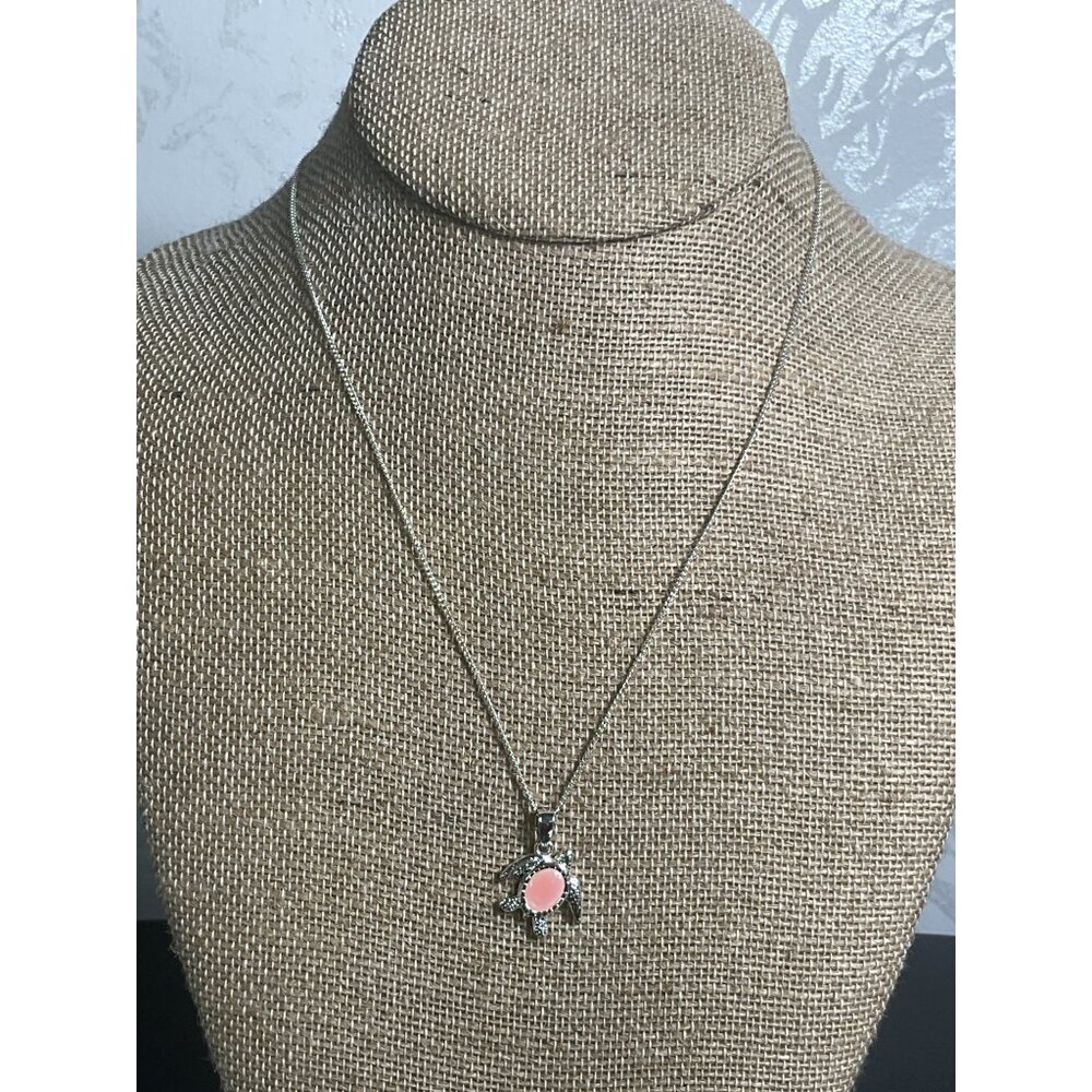 Silver Turtle Pendant Necklace With Pink Stone